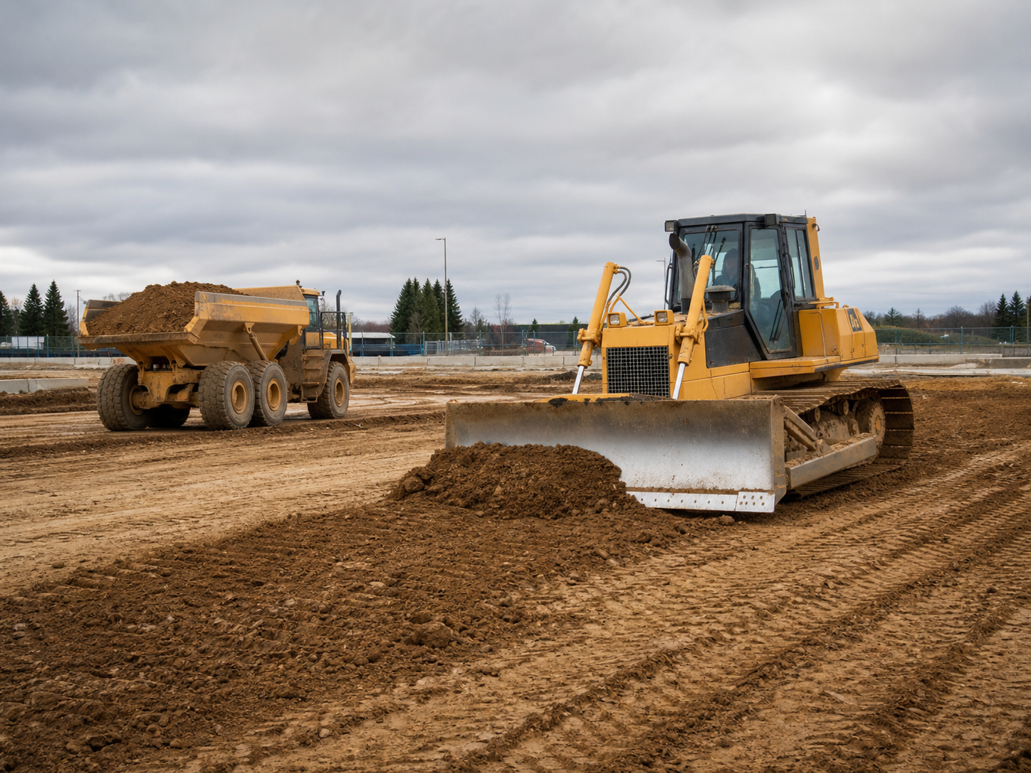 Bulldozer and dump truck grading a commercial building pad